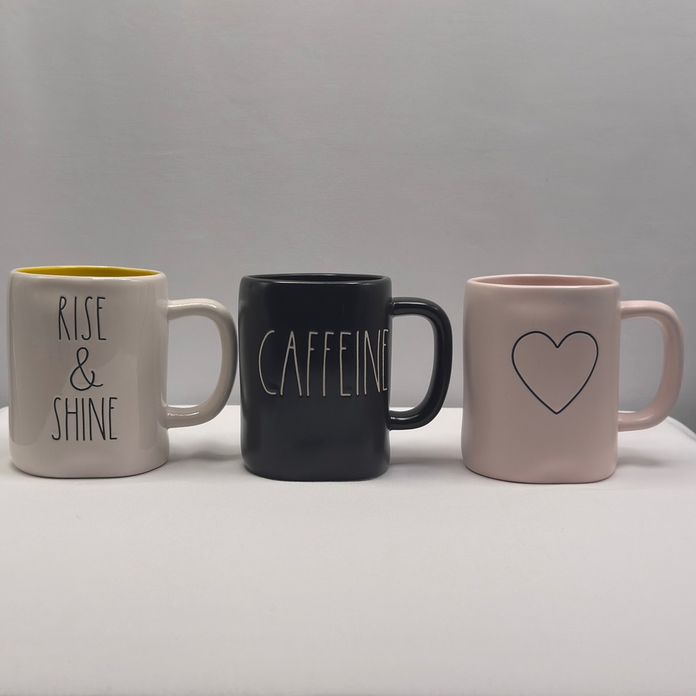 Rae Dunn Artisan Collection Mug Set 3 Caffeine Heart Rise & Shine Ceramic